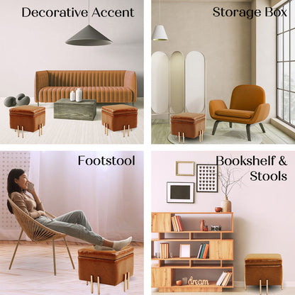 2X Storage Ottoman Foot Stool Cube Tuffet Seat 45cm PU Leather BROWN - Cosy Abode