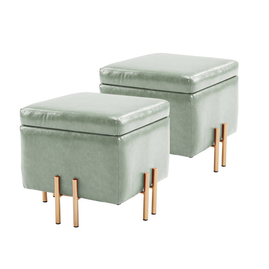2X Storage Ottoman Foot Stool Cube Tuffet Seat 45cm PU Leather GREEN - Cosy Abode