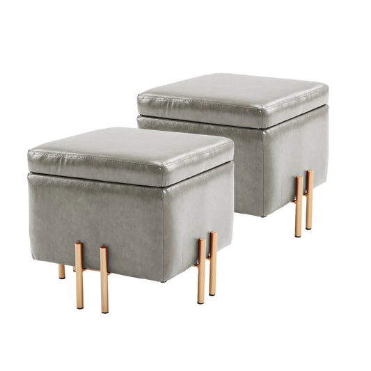 2X Storage Ottoman Foot Stool Cube Tuffet Seat 45cm PU Leather GREY - Cosy Abode