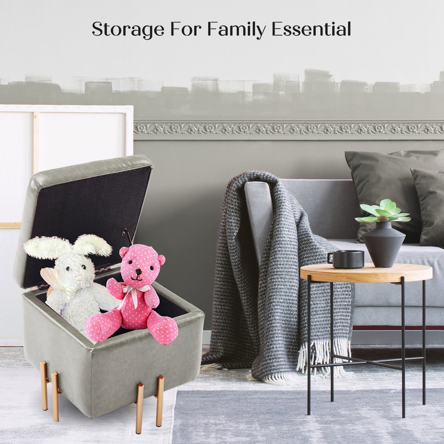 2X Storage Ottoman Foot Stool Cube Tuffet Seat 45cm PU Leather GREY - Cosy Abode