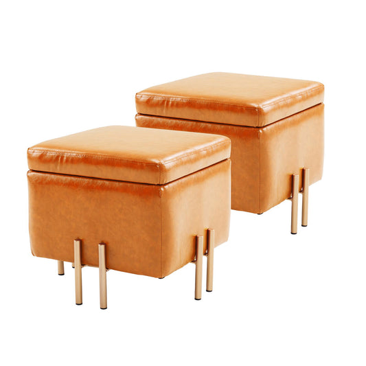 2X Storage Ottoman Foot Stool Cube Tuffet Seat 45cm PU Leather LIGHT BROWN - Cosy Abode