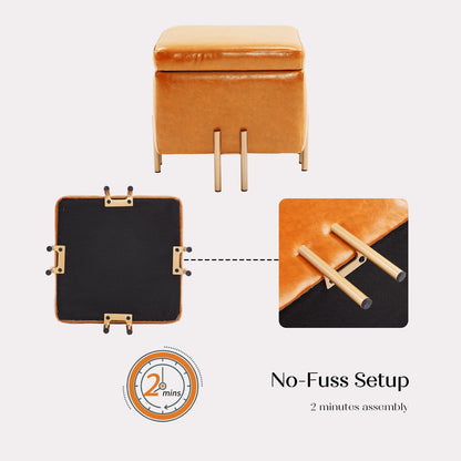 2X Storage Ottoman Foot Stool Cube Tuffet Seat 45cm PU Leather LIGHT BROWN - Cosy Abode