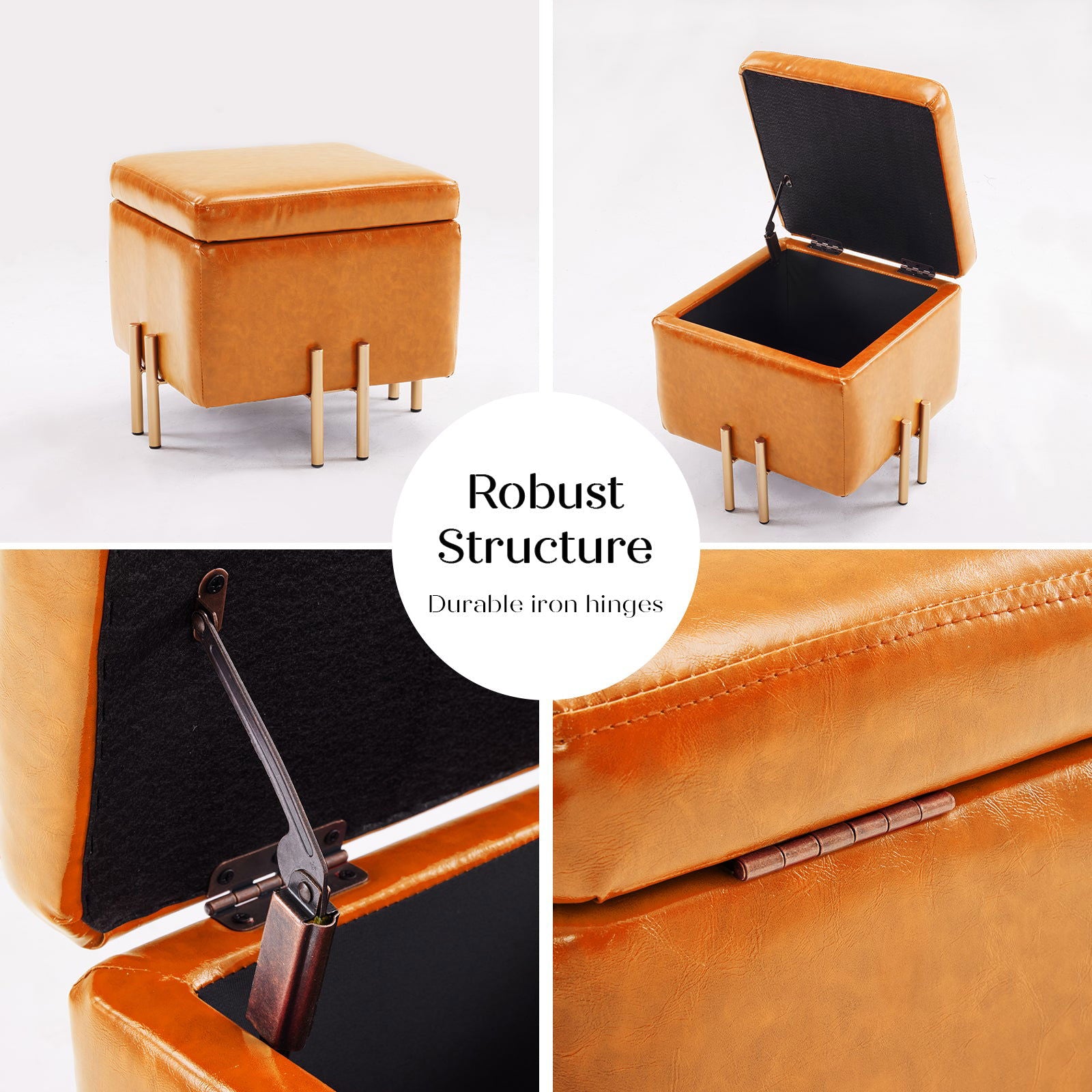2X Storage Ottoman Foot Stool Cube Tuffet Seat 45cm PU Leather LIGHT BROWN - Cosy Abode