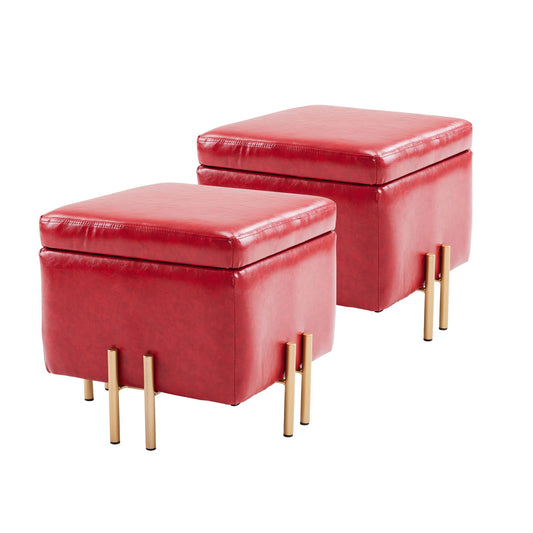 2X Storage Ottoman Foot Stool Cube Tuffet Seat 45cm PU Leather RED - Cosy Abode