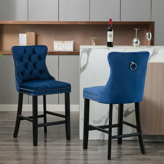 2X Velvet Bar Stools with Studs Trim Wooden Legs Tufted Dining Chairs Kitchen - Cosy Abode