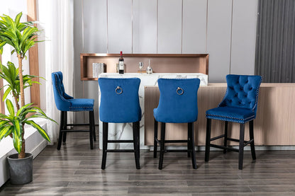 2X Velvet Bar Stools with Studs Trim Wooden Legs Tufted Dining Chairs Kitchen - Cosy Abode