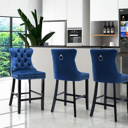 2X Velvet Bar Stools with Studs Trim Wooden Legs Tufted Dining Chairs Kitchen - Cosy Abode
