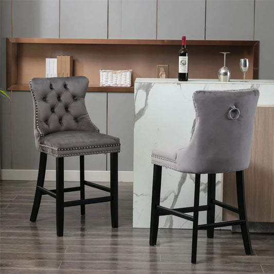 2X Velvet Bar Stools with Studs Trim Wooden Legs Tufted Dining Chairs Kitchen - Cosy Abode