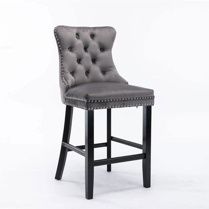 2X Velvet Bar Stools with Studs Trim Wooden Legs Tufted Dining Chairs Kitchen - Cosy Abode