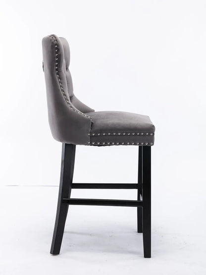 2X Velvet Bar Stools with Studs Trim Wooden Legs Tufted Dining Chairs Kitchen - Cosy Abode