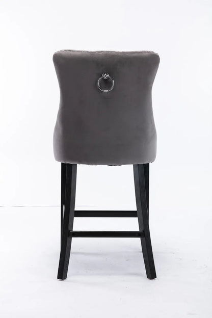 2X Velvet Bar Stools with Studs Trim Wooden Legs Tufted Dining Chairs Kitchen - Cosy Abode