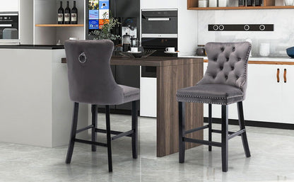 2X Velvet Bar Stools with Studs Trim Wooden Legs Tufted Dining Chairs Kitchen - Cosy Abode