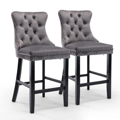 2X Velvet Bar Stools with Studs Trim Wooden Legs Tufted Dining Chairs Kitchen - Cosy Abode