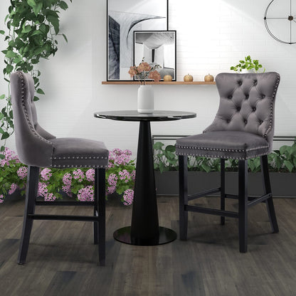 2X Velvet Bar Stools with Studs Trim Wooden Legs Tufted Dining Chairs Kitchen - Cosy Abode