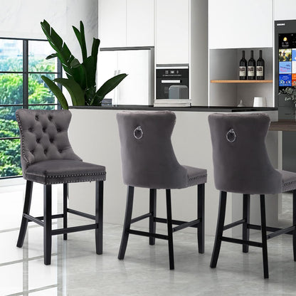 2X Velvet Bar Stools with Studs Trim Wooden Legs Tufted Dining Chairs Kitchen - Cosy Abode