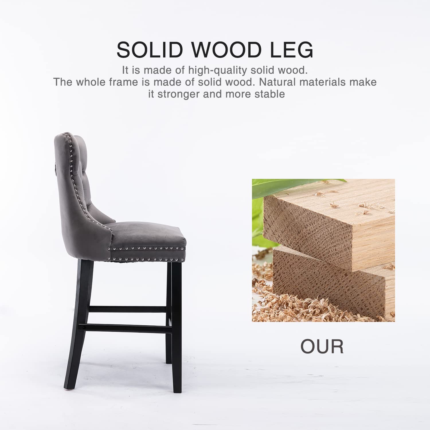 2X Velvet Bar Stools with Studs Trim Wooden Legs Tufted Dining Chairs Kitchen - Cosy Abode