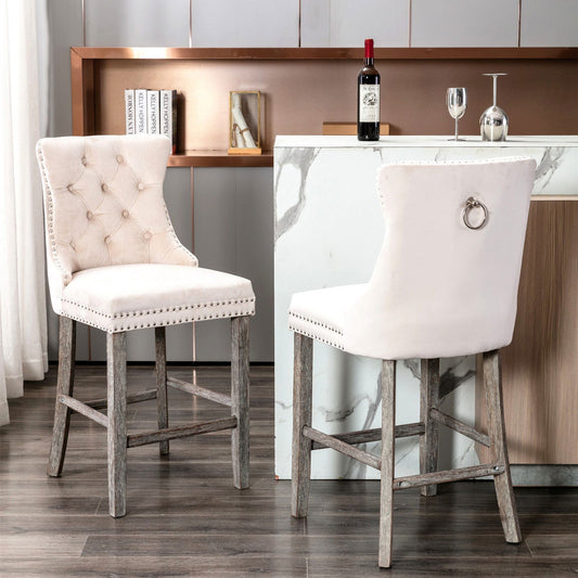 2X Velvet Bar Stools with Studs Trim Wooden Legs Tufted Dining Chairs Kitchen - Cosy Abode