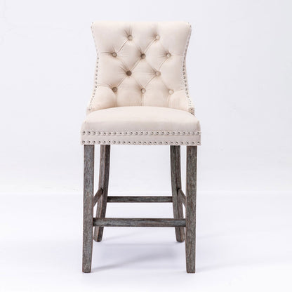 2X Velvet Bar Stools with Studs Trim Wooden Legs Tufted Dining Chairs Kitchen - Cosy Abode