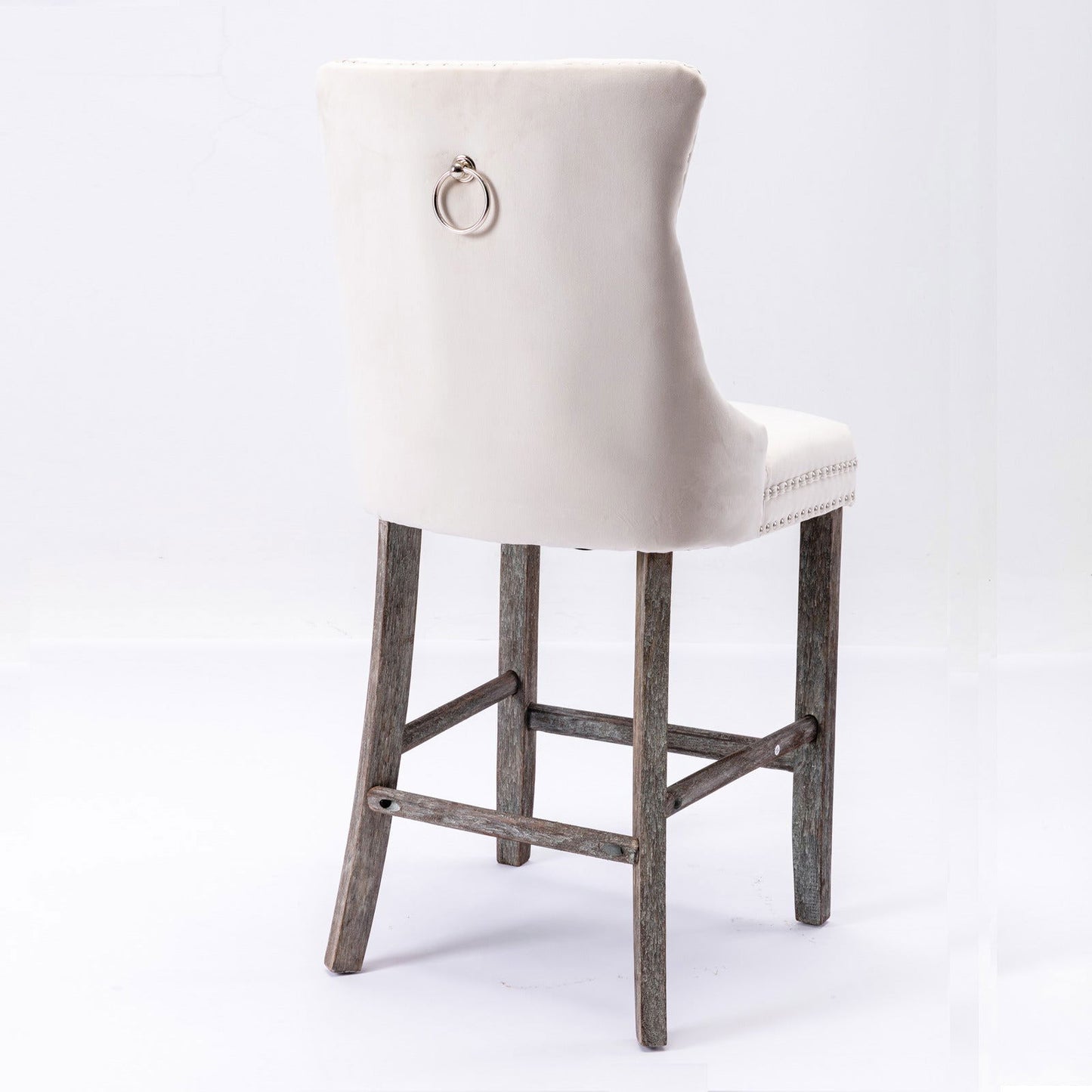 2X Velvet Bar Stools with Studs Trim Wooden Legs Tufted Dining Chairs Kitchen - Cosy Abode