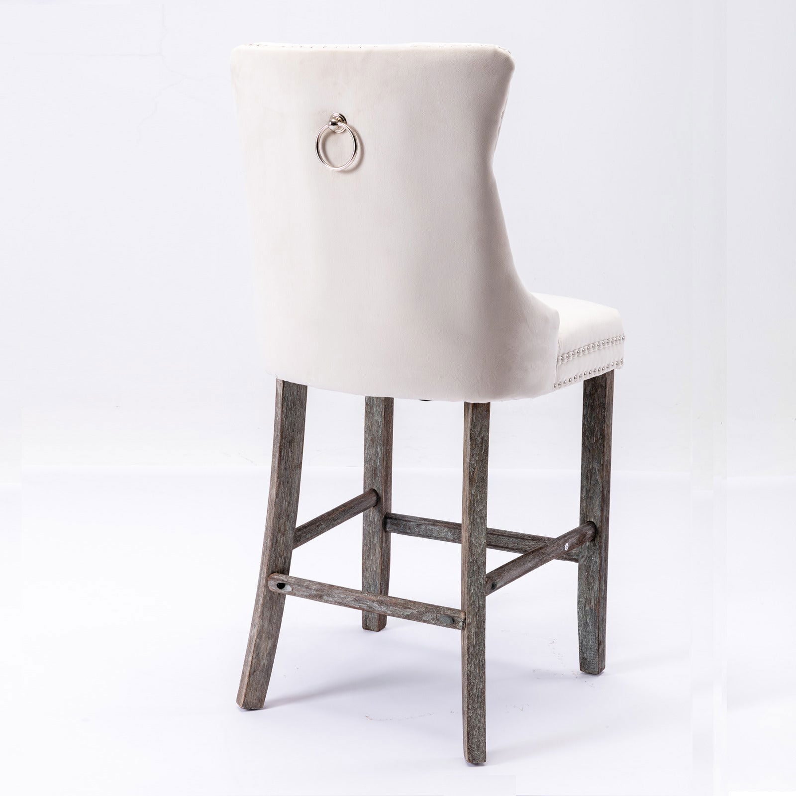 2X Velvet Bar Stools with Studs Trim Wooden Legs Tufted Dining Chairs Kitchen - Cosy Abode