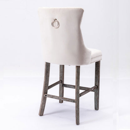 2X Velvet Bar Stools with Studs Trim Wooden Legs Tufted Dining Chairs Kitchen - Cosy Abode
