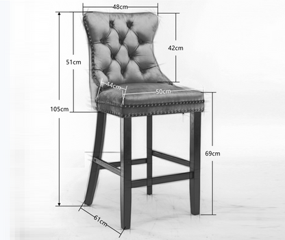 2X Velvet Bar Stools with Studs Trim Wooden Legs Tufted Dining Chairs Kitchen - Cosy Abode