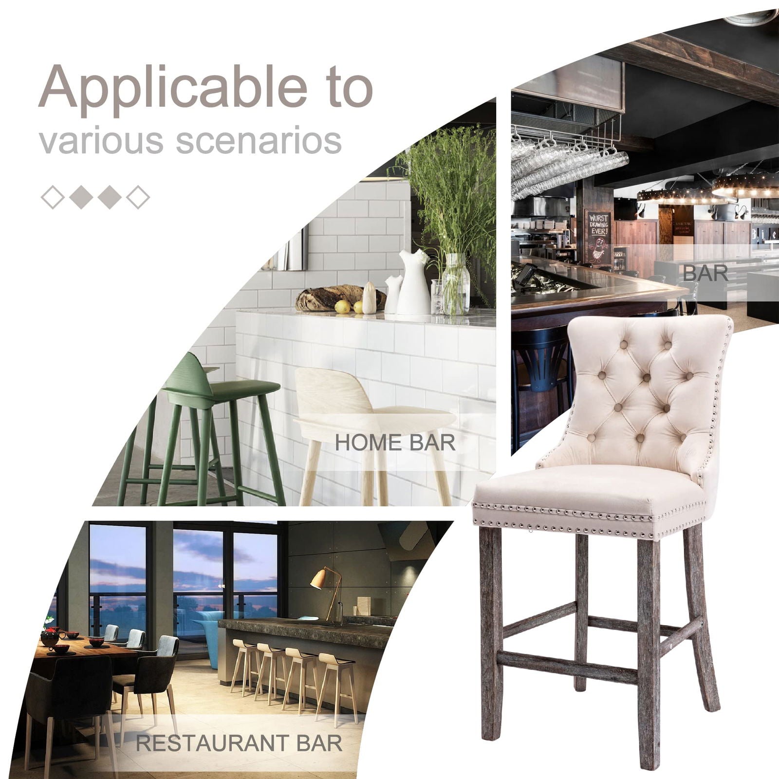 2X Velvet Bar Stools with Studs Trim Wooden Legs Tufted Dining Chairs Kitchen - Cosy Abode