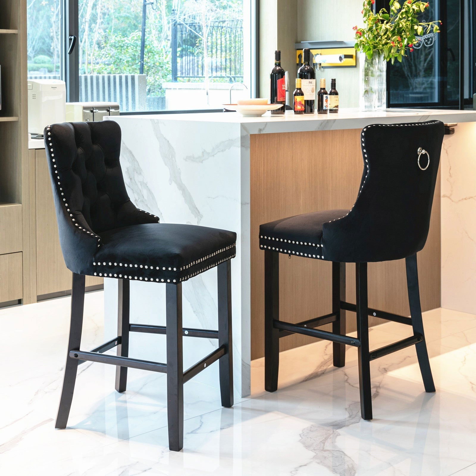 2X Velvet Bar Stools with Studs Trim Wooden Legs Tufted Dining Chairs Kitchen - Cosy Abode