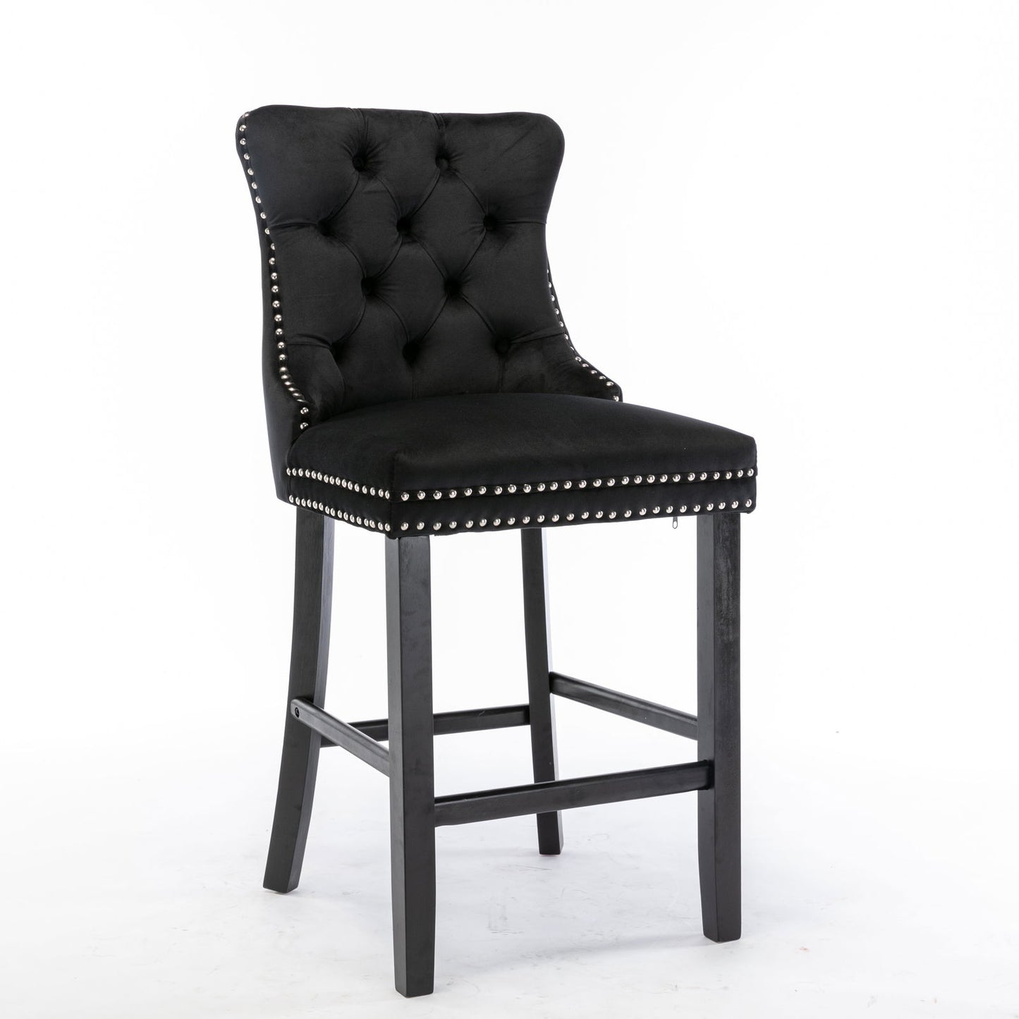 2X Velvet Bar Stools with Studs Trim Wooden Legs Tufted Dining Chairs Kitchen - Cosy Abode