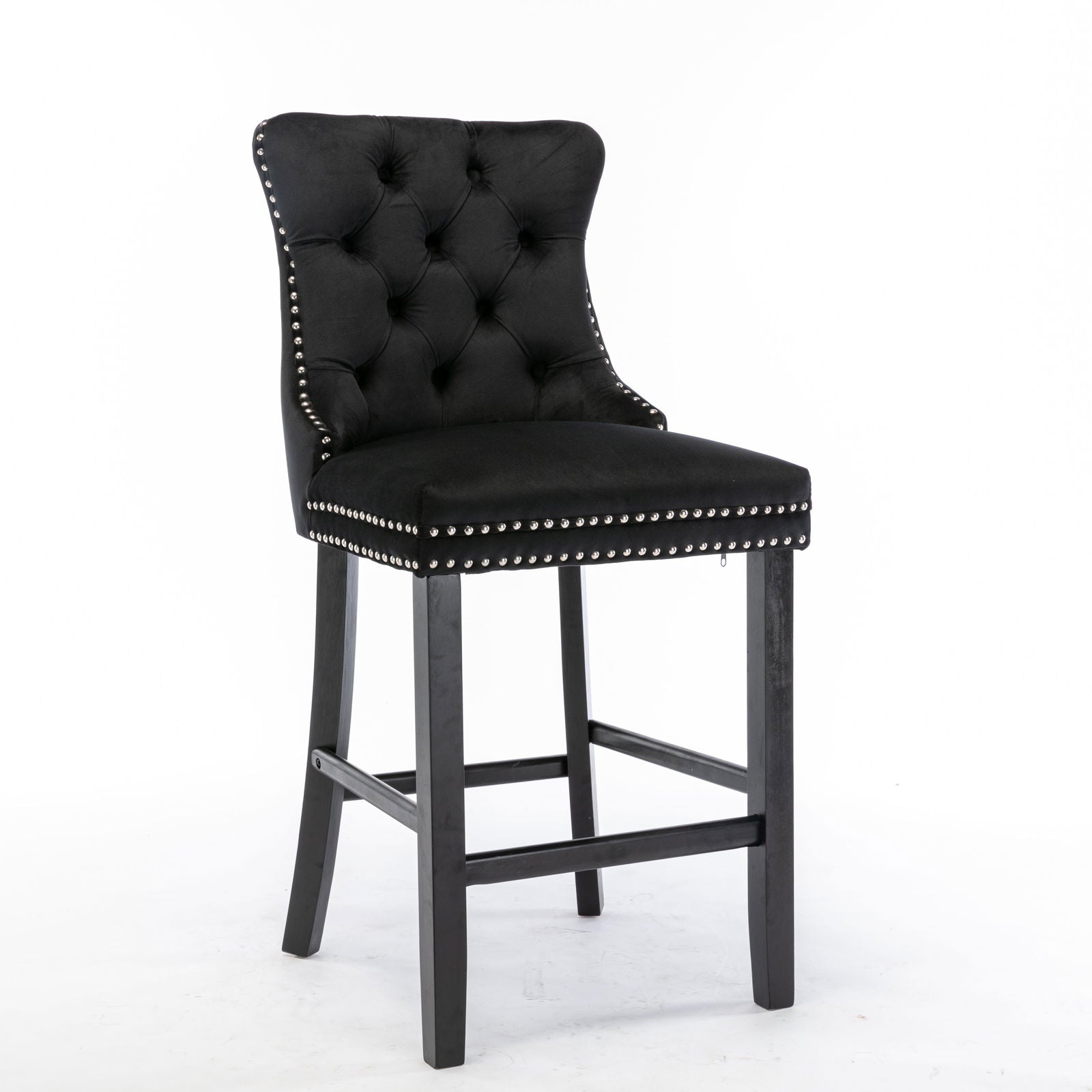 2X Velvet Bar Stools with Studs Trim Wooden Legs Tufted Dining Chairs Kitchen - Cosy Abode