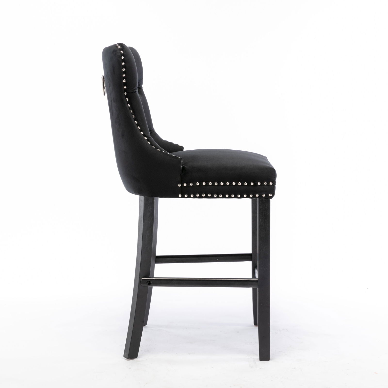 2X Velvet Bar Stools with Studs Trim Wooden Legs Tufted Dining Chairs Kitchen - Cosy Abode