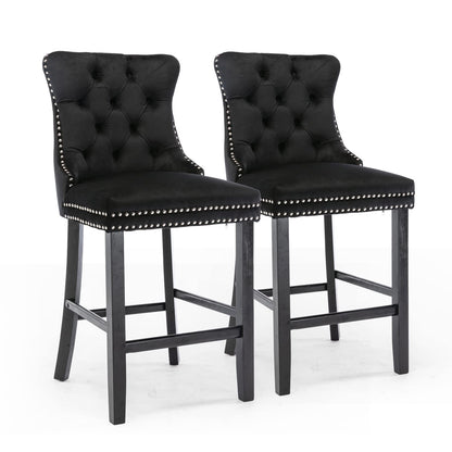 2X Velvet Bar Stools with Studs Trim Wooden Legs Tufted Dining Chairs Kitchen - Cosy Abode