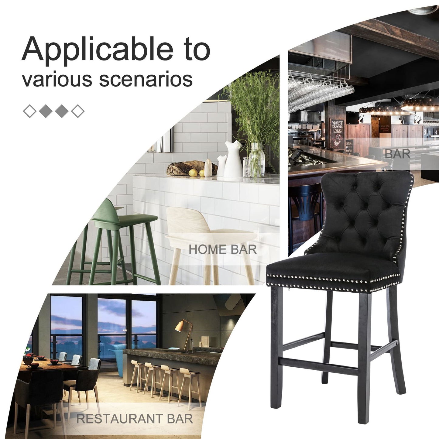 2X Velvet Bar Stools with Studs Trim Wooden Legs Tufted Dining Chairs Kitchen - Cosy Abode