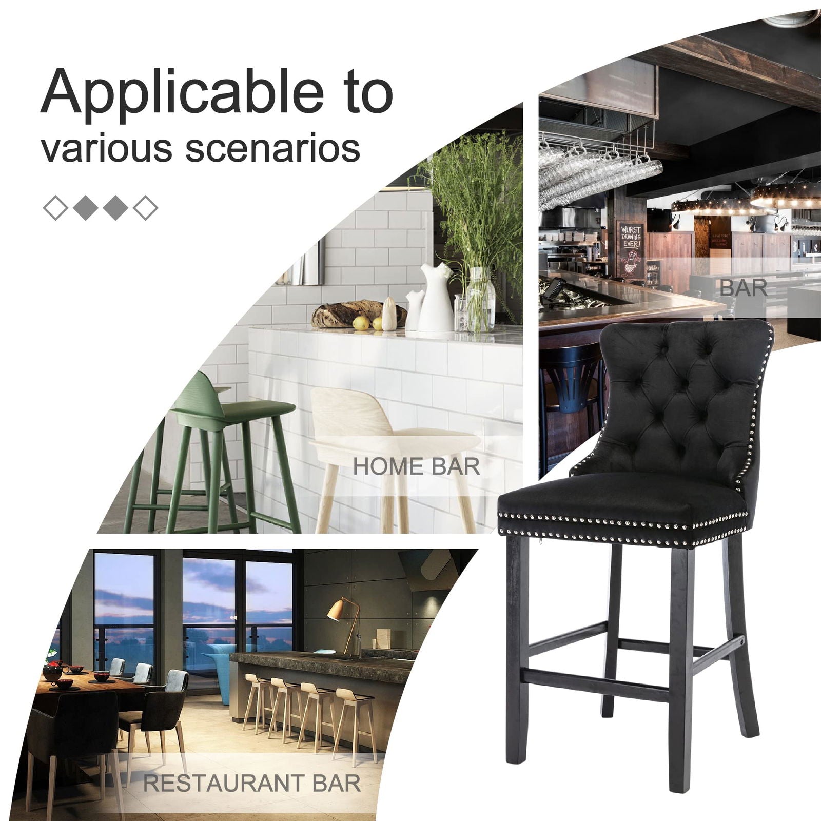 2X Velvet Bar Stools with Studs Trim Wooden Legs Tufted Dining Chairs Kitchen - Cosy Abode