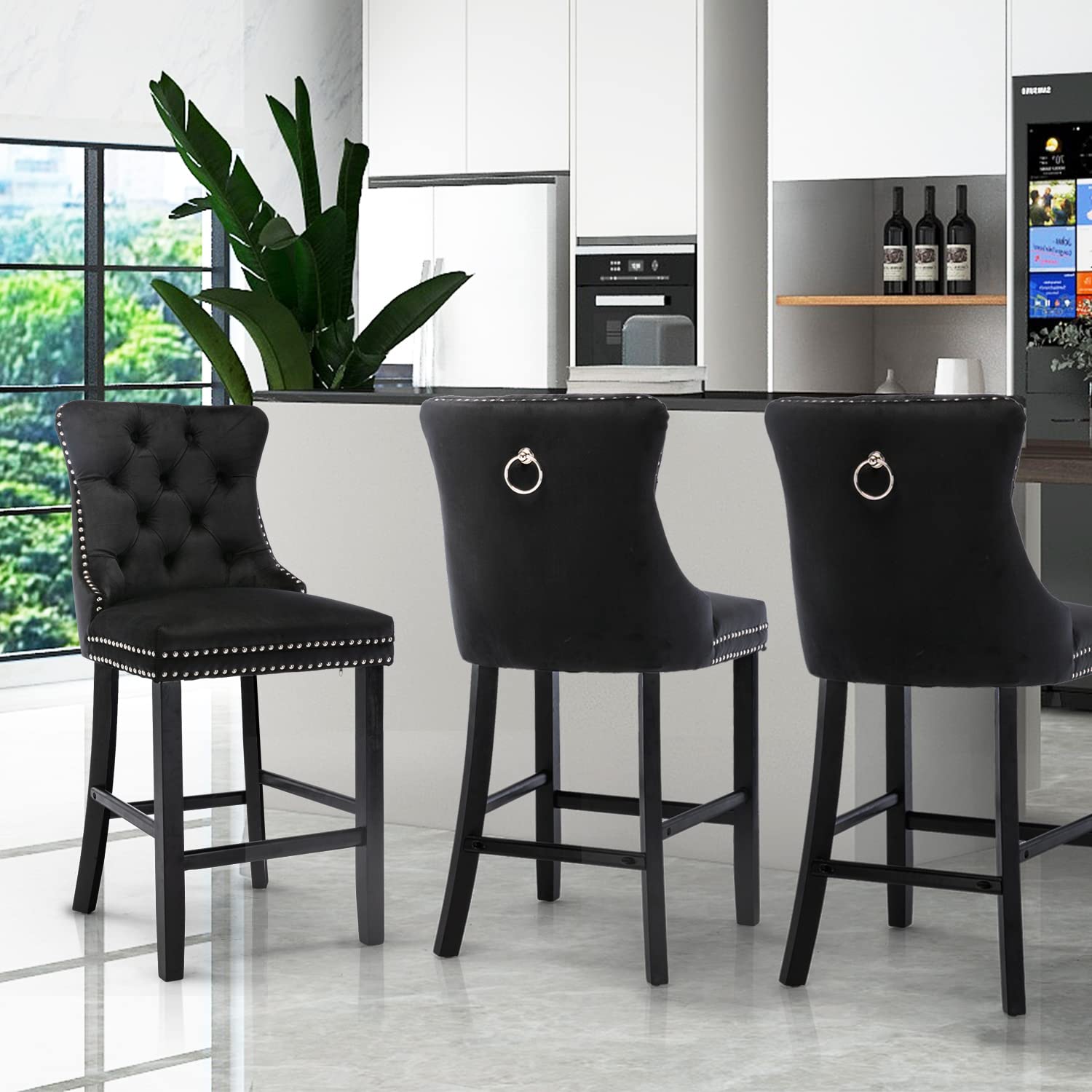 2X Velvet Bar Stools with Studs Trim Wooden Legs Tufted Dining Chairs Kitchen - Cosy Abode