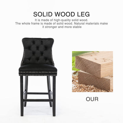 2X Velvet Bar Stools with Studs Trim Wooden Legs Tufted Dining Chairs Kitchen - Cosy Abode