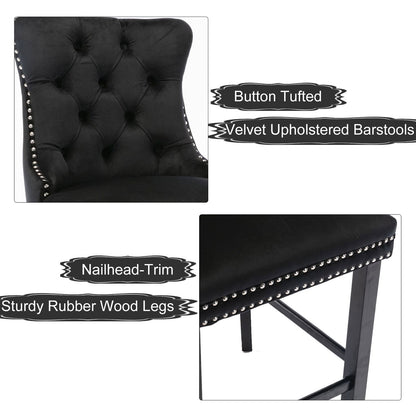 2X Velvet Bar Stools with Studs Trim Wooden Legs Tufted Dining Chairs Kitchen - Cosy Abode