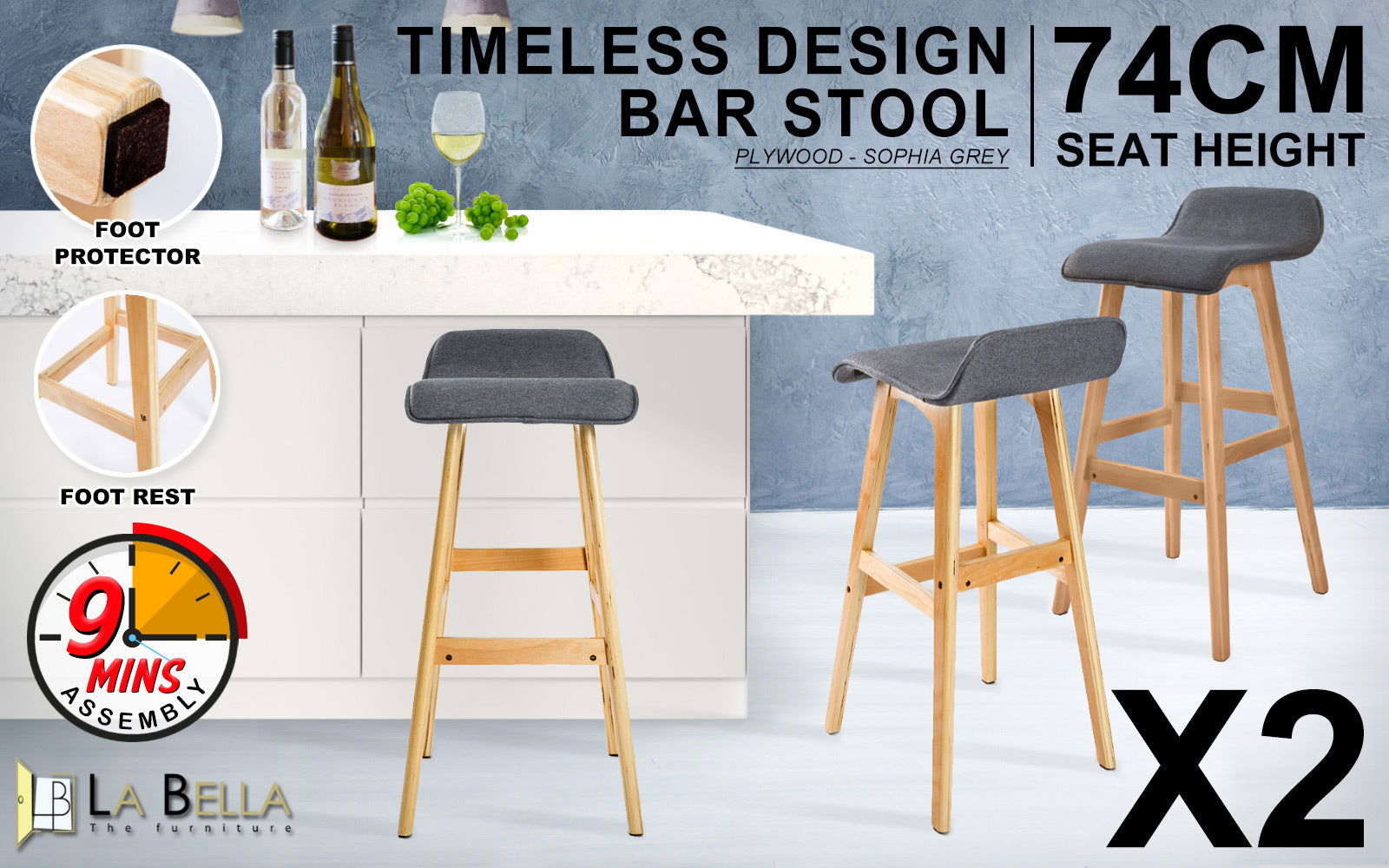 2X Wooden Bar Stool Dining Chair Fabric SOPHIA 74cm GREY - Cosy Abode
