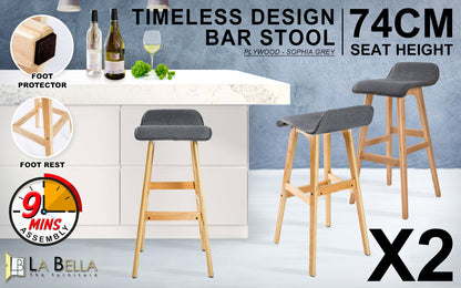 2X Wooden Bar Stool Dining Chair Fabric SOPHIA 74cm GREY - Cosy Abode