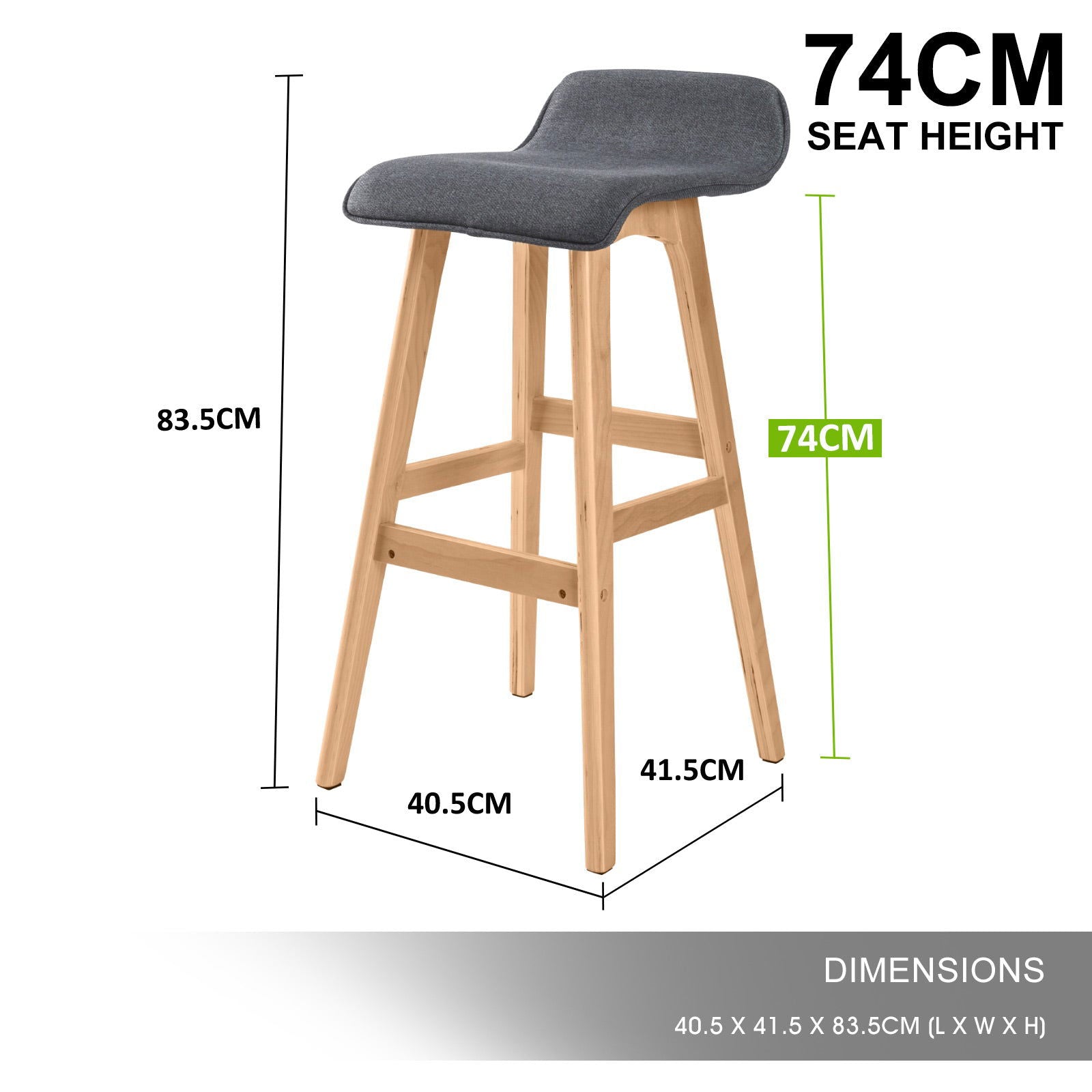 2X Wooden Bar Stool Dining Chair Fabric SOPHIA 74cm GREY - Cosy Abode