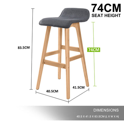 2X Wooden Bar Stool Dining Chair Fabric SOPHIA 74cm GREY - Cosy Abode