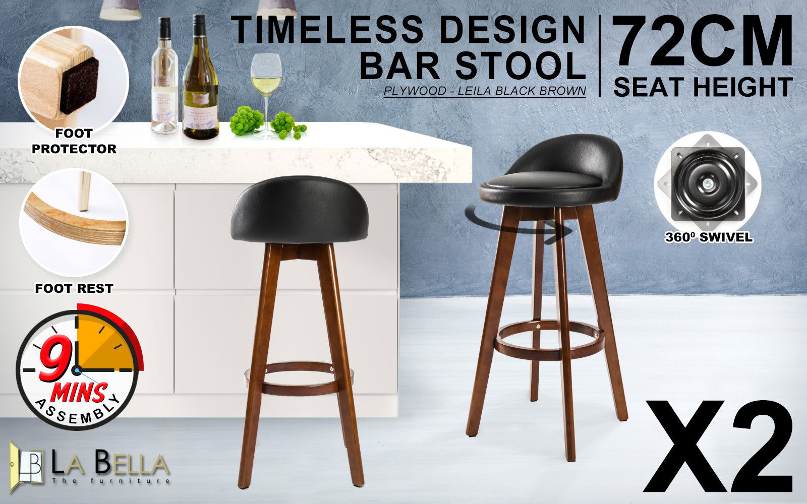 2X Wooden Bar Stool Dining Chair Leather LEILA 72cm BLACK BROWN - Cosy Abode