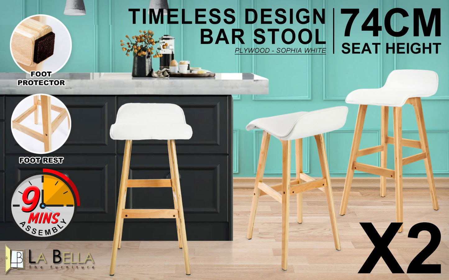 2X Wooden Bar Stool Dining Chair Leather SOPHIA 74cm WHITE - Cosy Abode