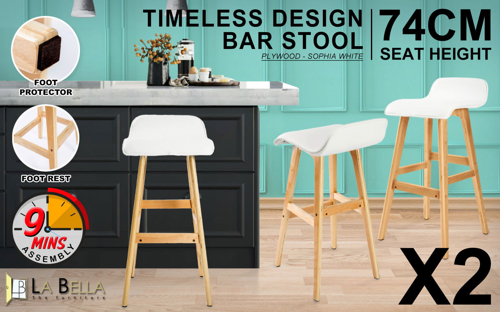 2X Wooden Bar Stool Dining Chair Leather SOPHIA 74cm WHITE - Cosy Abode