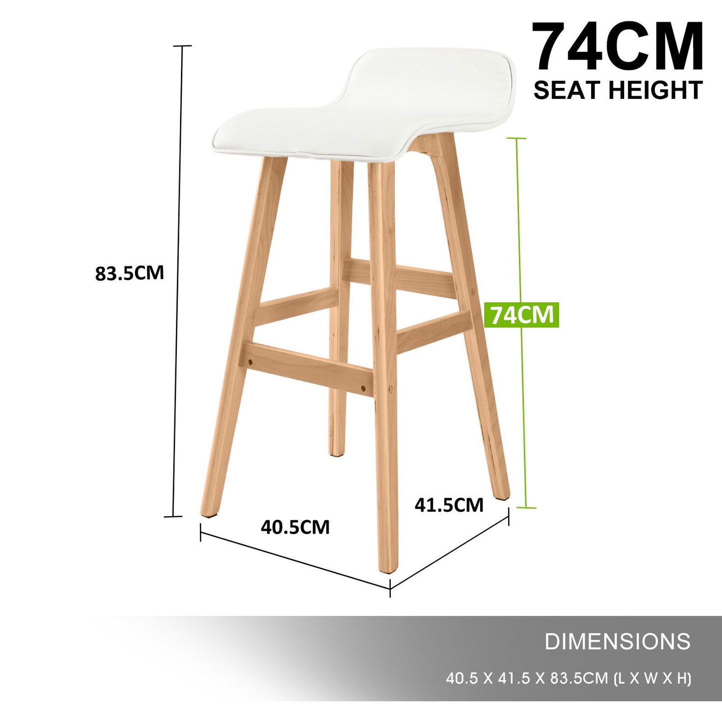 2X Wooden Bar Stool Dining Chair Leather SOPHIA 74cm WHITE - Cosy Abode