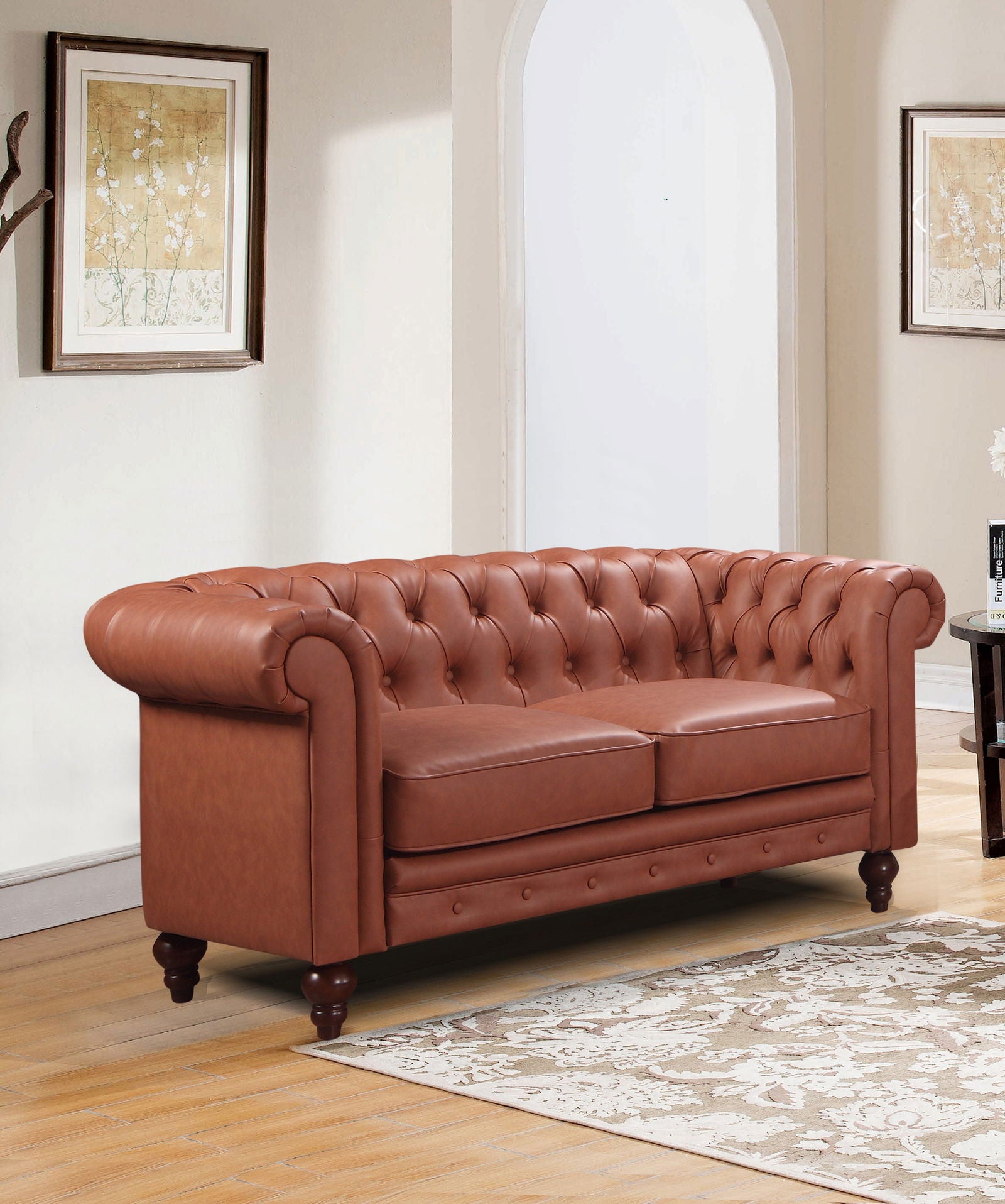 2 Seater Brown Sofa Lounge Chesterfireld Style Button Tufted in Faux Leather - Cosy Abode