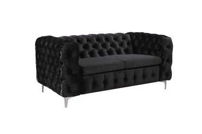2 Seater Sofa Classic Button Tufted Lounge in Black Velvet Fabric with Metal Legs - Cosy Abode