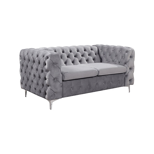 2 Seater Sofa Classic Button Tufted Lounge in Grey Velvet Fabric with Metal Legs - Cosy Abode