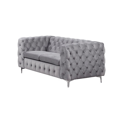 2 Seater Sofa Classic Button Tufted Lounge in Grey Velvet Fabric with Metal Legs - Cosy Abode