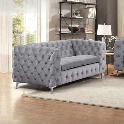 2 Seater Sofa Classic Button Tufted Lounge in Grey Velvet Fabric with Metal Legs - Cosy Abode